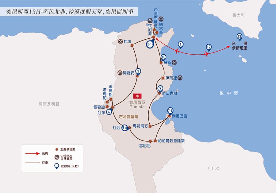 晴天旅遊突尼西亞13日行程圖